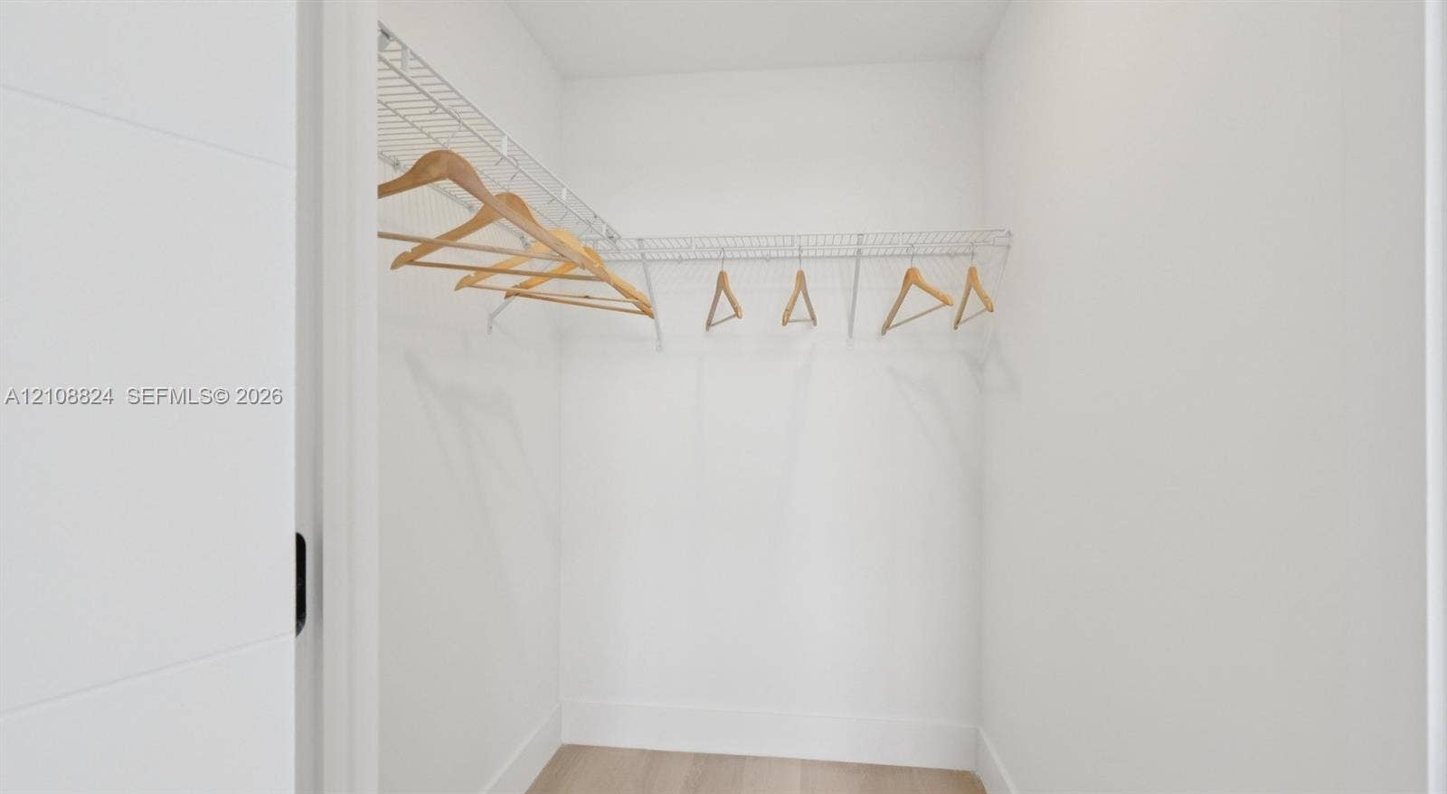 Walk-in closet featuring white walls, light-toned wood-finish flooring, and built-in wire shelving