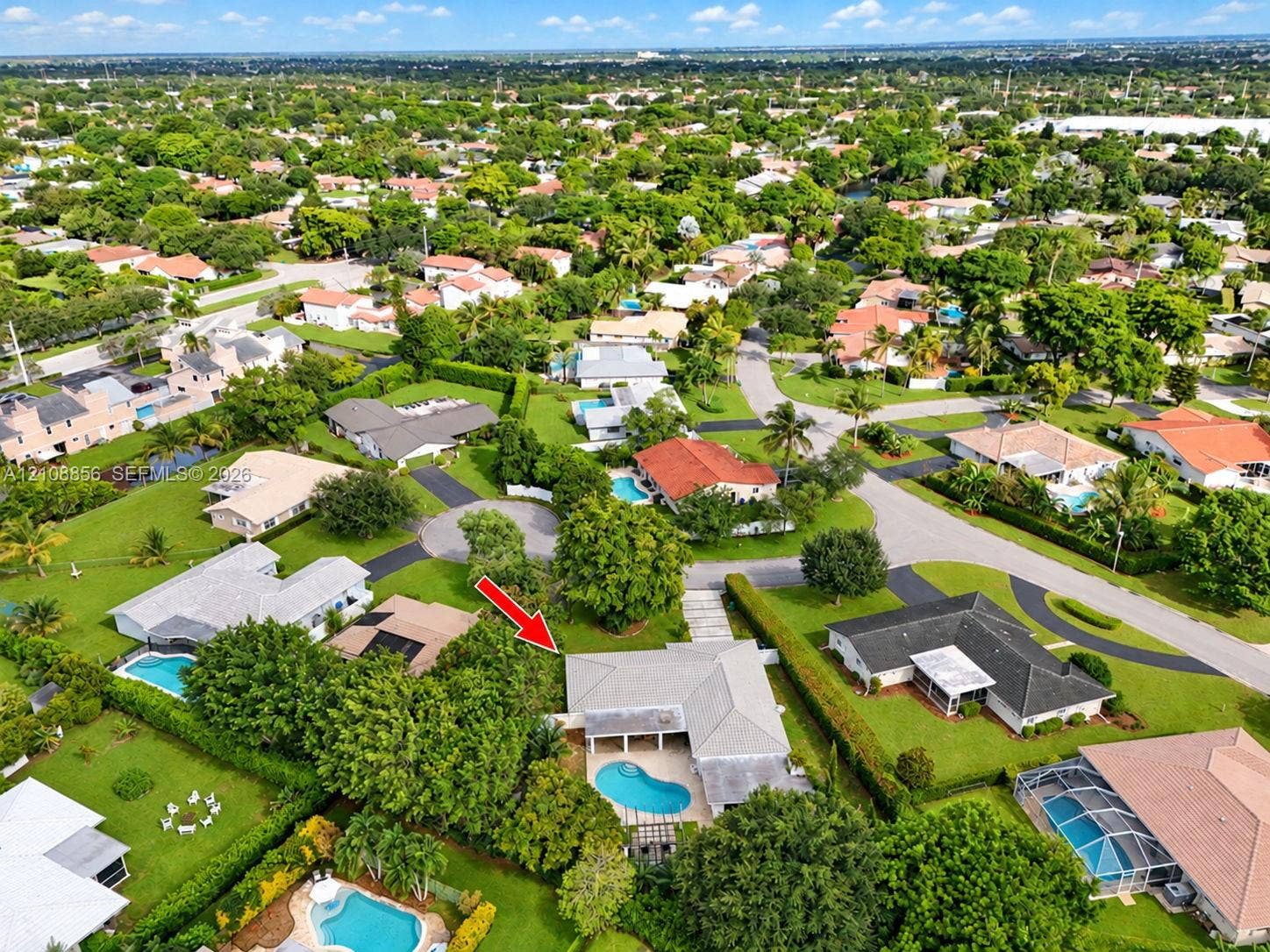 Aerial perspective of a single-story residence featuring a private swimming pool, concrete patio, hipped roofline, and mature landscaping