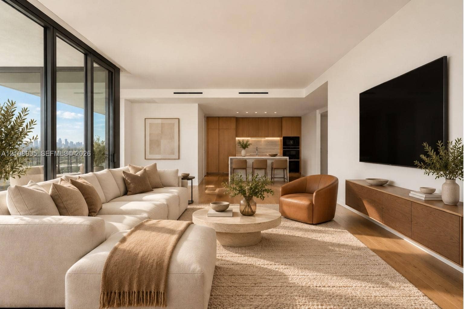 Floor-to-ceiling glass paneling, wood-finish flooring, built-in wall-mounted cabinetry, recessed lighting, and kitchen island with stone countertop