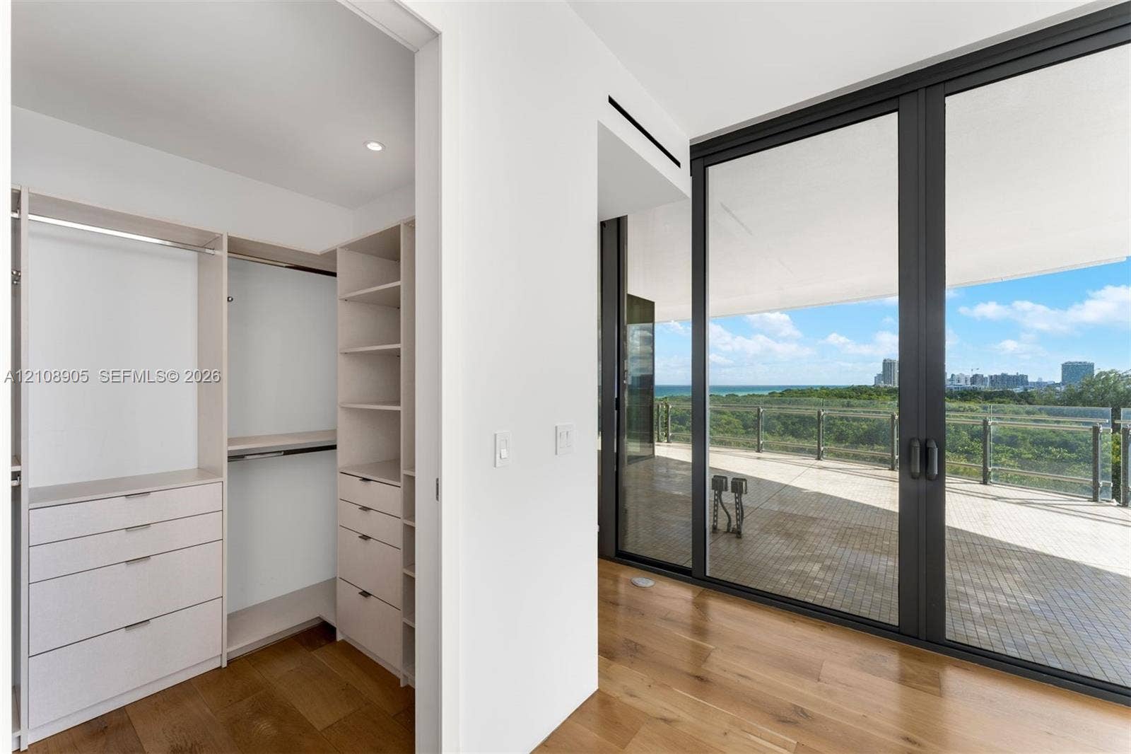 Custom walk-in closet featuring extensive built-in cabinetry, wood-finish flooring, full-height glass sliding doors, and an expansive exterior terrace