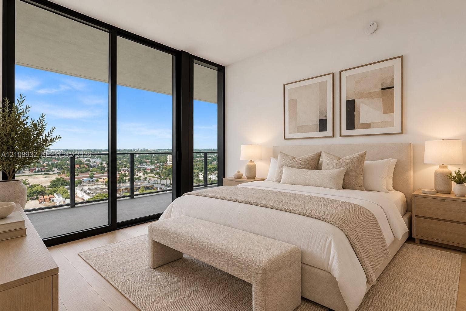 1170 E Hallandale Beach Boulevard, #1201, Hallandale Beach, FL 33009 Floor-to-ceiling black-framed glass sliding doors, private balcony, wood-finish flooring, and expansive natural light