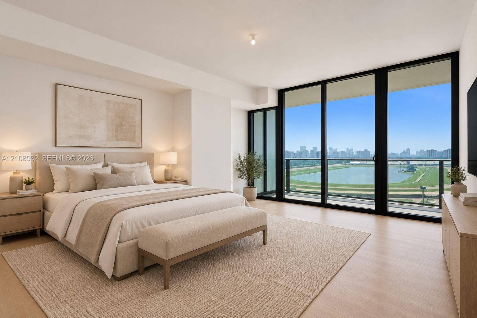 1170 E Hallandale Beach Boulevard, #1201, Hallandale Beach, FL 33009 Floor-to-ceiling windows, wood-finish flooring, and black-framed sliding glass doors opening to an exterior balcony