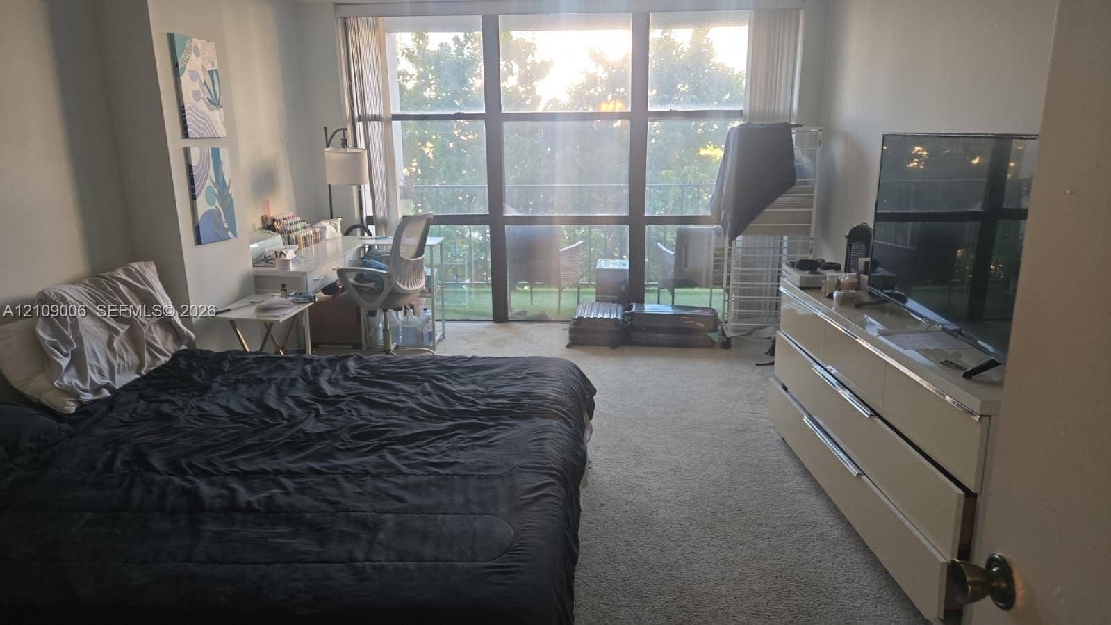 Floor-to-ceiling windows featuring balcony access and neutral carpeting