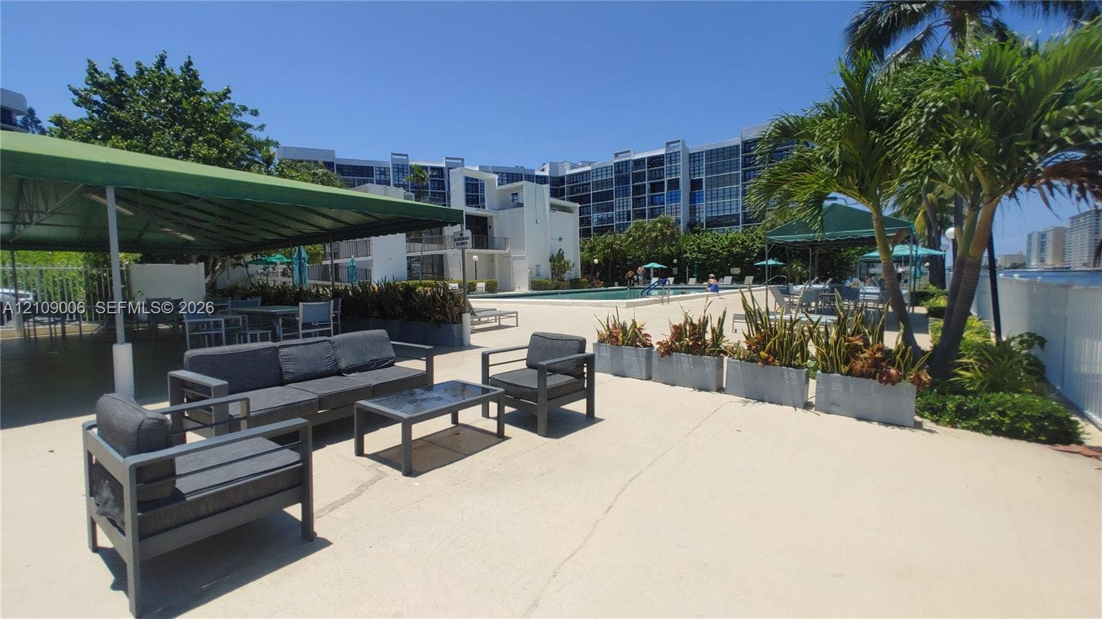 Outdoor swimming pool featuring a concrete deck, covered pavilion, built-in planters, and mature palm trees