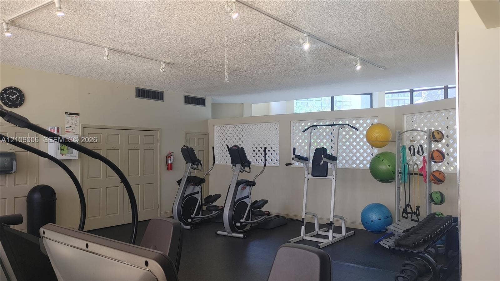 Fitness area featuring track lighting, rubberized flooring, latticed wall paneling, and a transom window