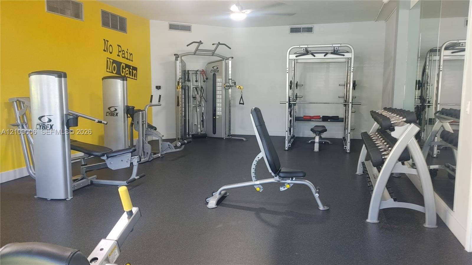 Fitness room featuring impact-resistant rubber flooring, mirrored walls, and ceiling-mounted lighting