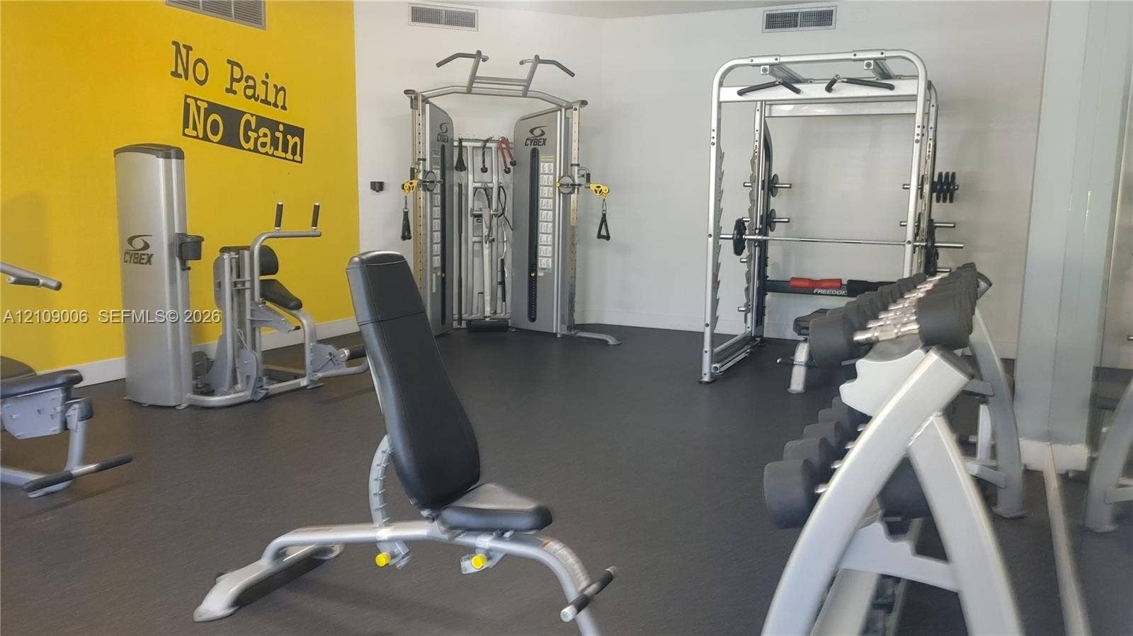 Dedicated fitness area featuring black rubber flooring, high-contrast yellow accent wall, and professional-grade gym equipment