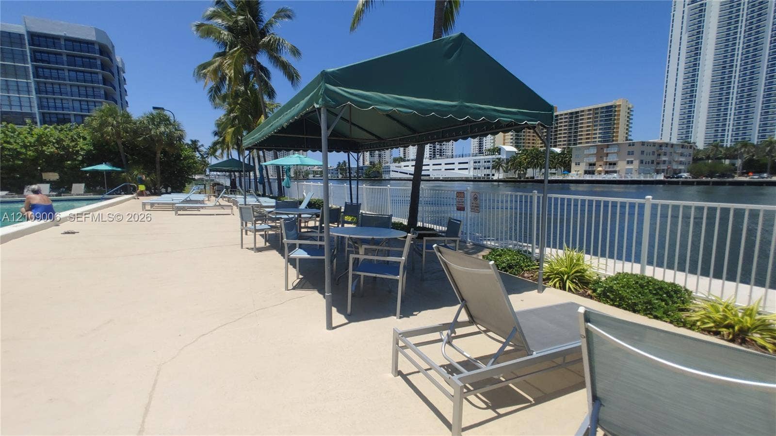 Waterfront pool deck featuring a concrete terrace, metal security fencing, and mature palm trees