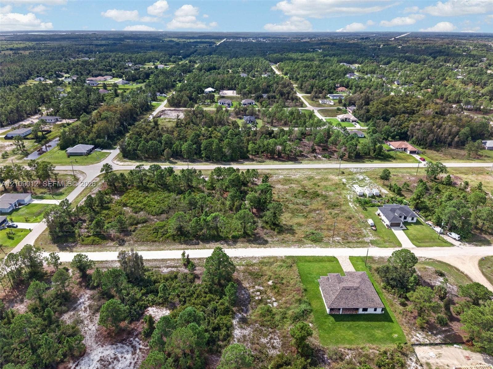 846 Burns Avenue S, Lehigh Acres, Lehigh Acres, FL 33974 Aerial perspective of a multi-acre parcel featuring native vegetation, established trees, paved street access, and clear lot boundaries