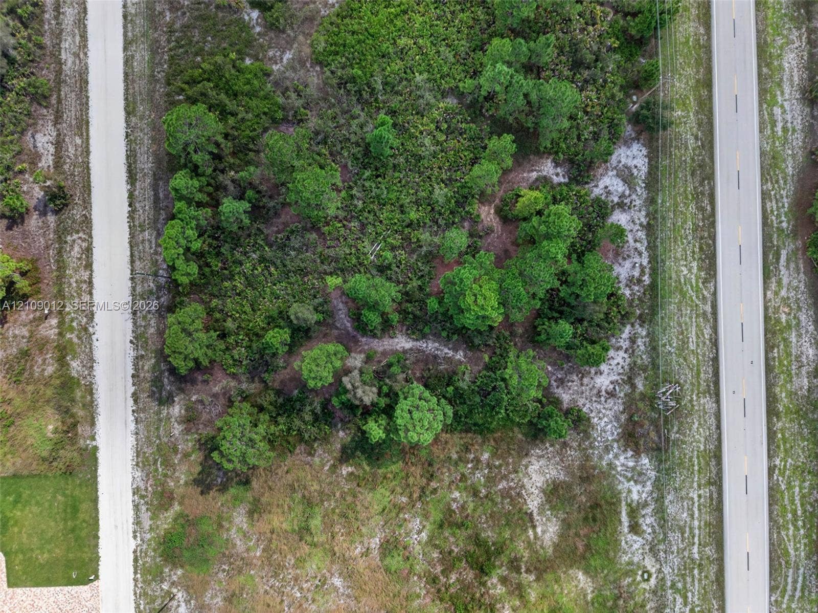 846 Burns Avenue S, Lehigh Acres, Lehigh Acres, FL 33974 Aerial perspective of a vacant lot featuring native vegetation, mature trees, and dual-road frontage