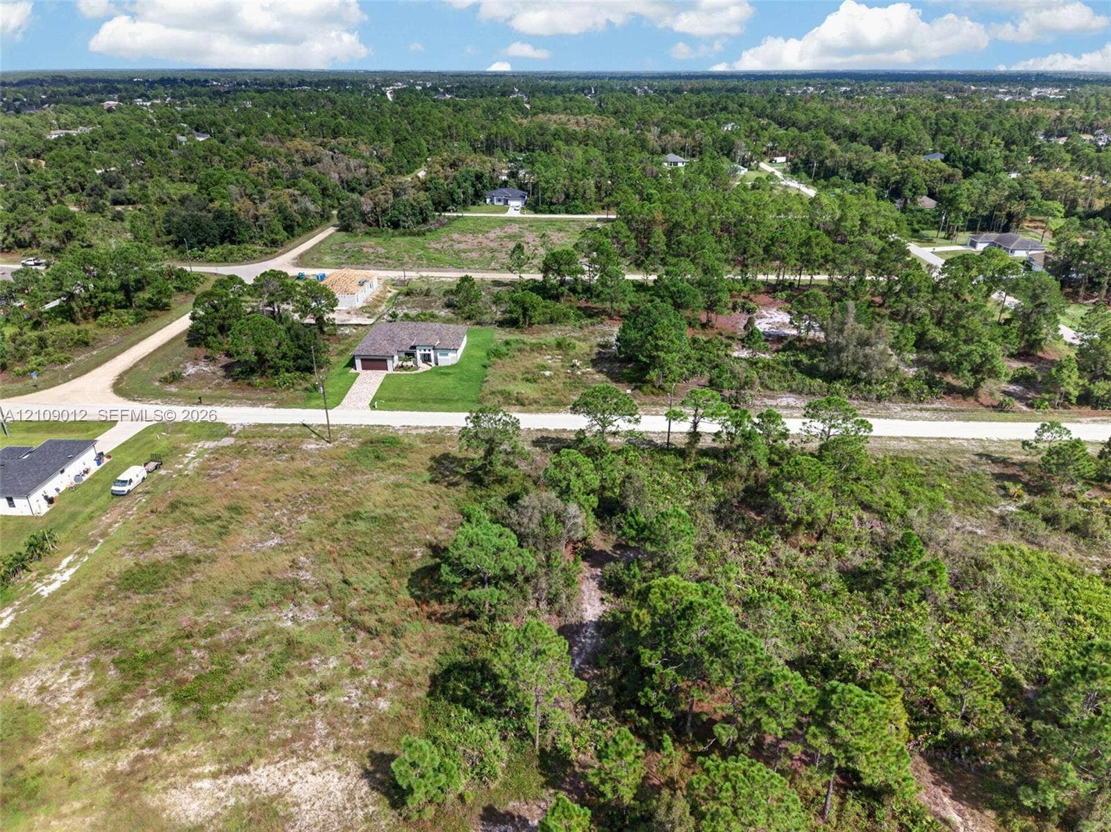 846 Burns Avenue S, Lehigh Acres, Lehigh Acres, FL 33974 Aerial perspective of a vacant lot featuring natural vegetation, native pine trees, and paved road access