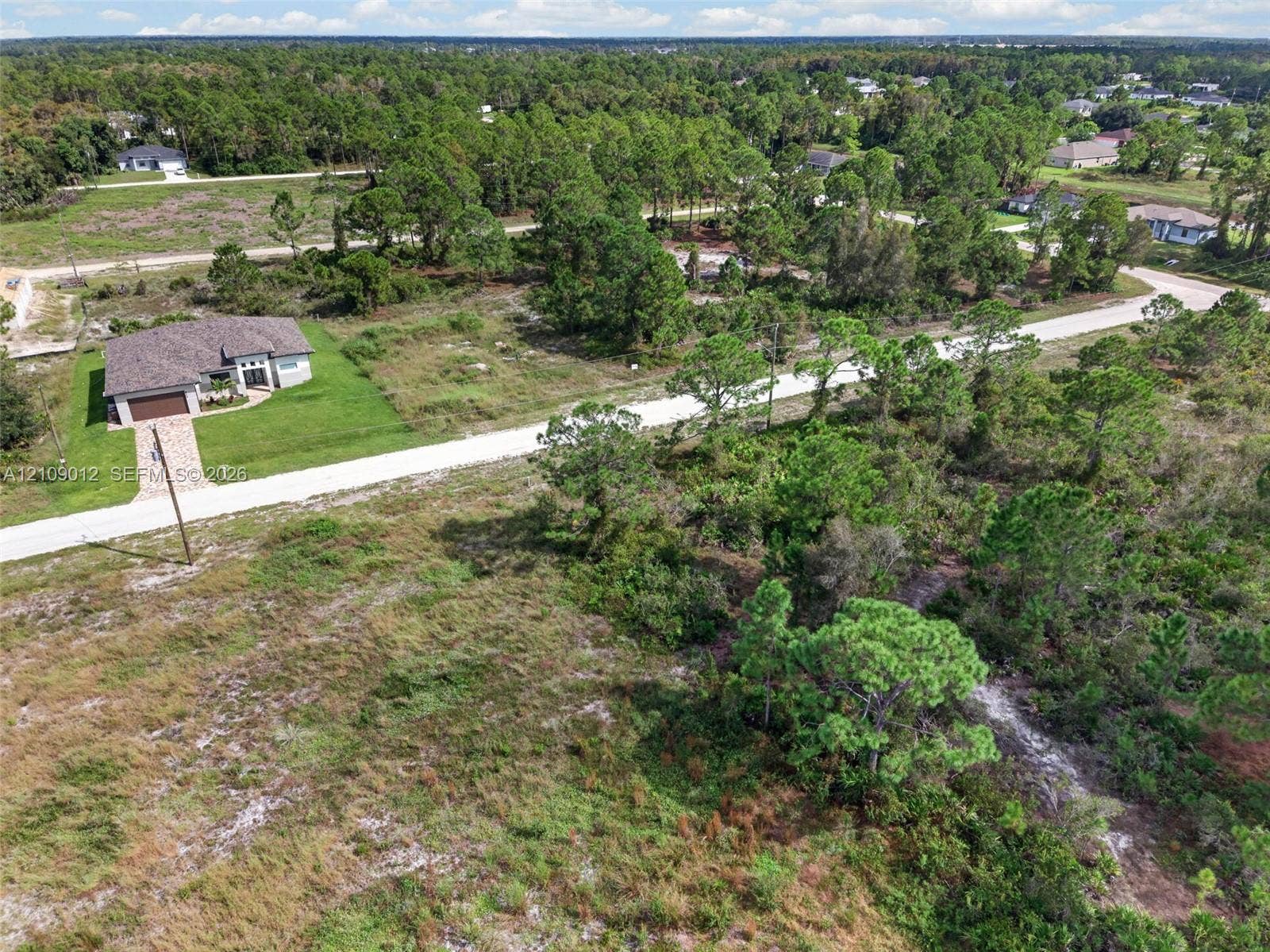 846 Burns Avenue S, Lehigh Acres, Lehigh Acres, FL 33974 Aerial perspective of a detached residential property featuring a paver driveway, an attached garage, a multi-textured exterior facade, and expansive surrounding grounds with mature pine trees and native vegetation