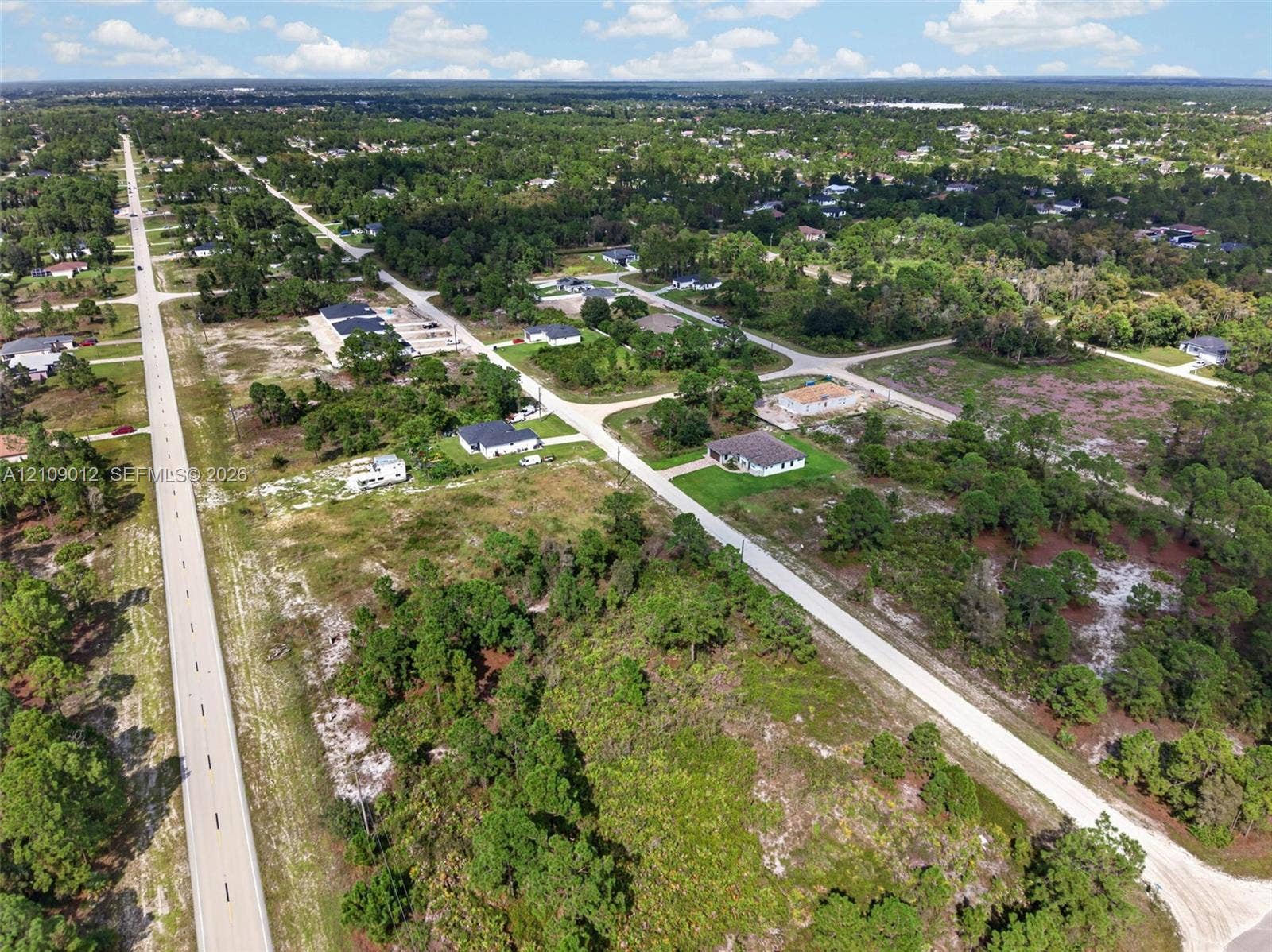 846 Burns Avenue S, Lehigh Acres, Lehigh Acres, FL 33974 Aerial perspective of a sprawling corner lot featuring native vegetation, established pine tree clusters, and direct paved road access