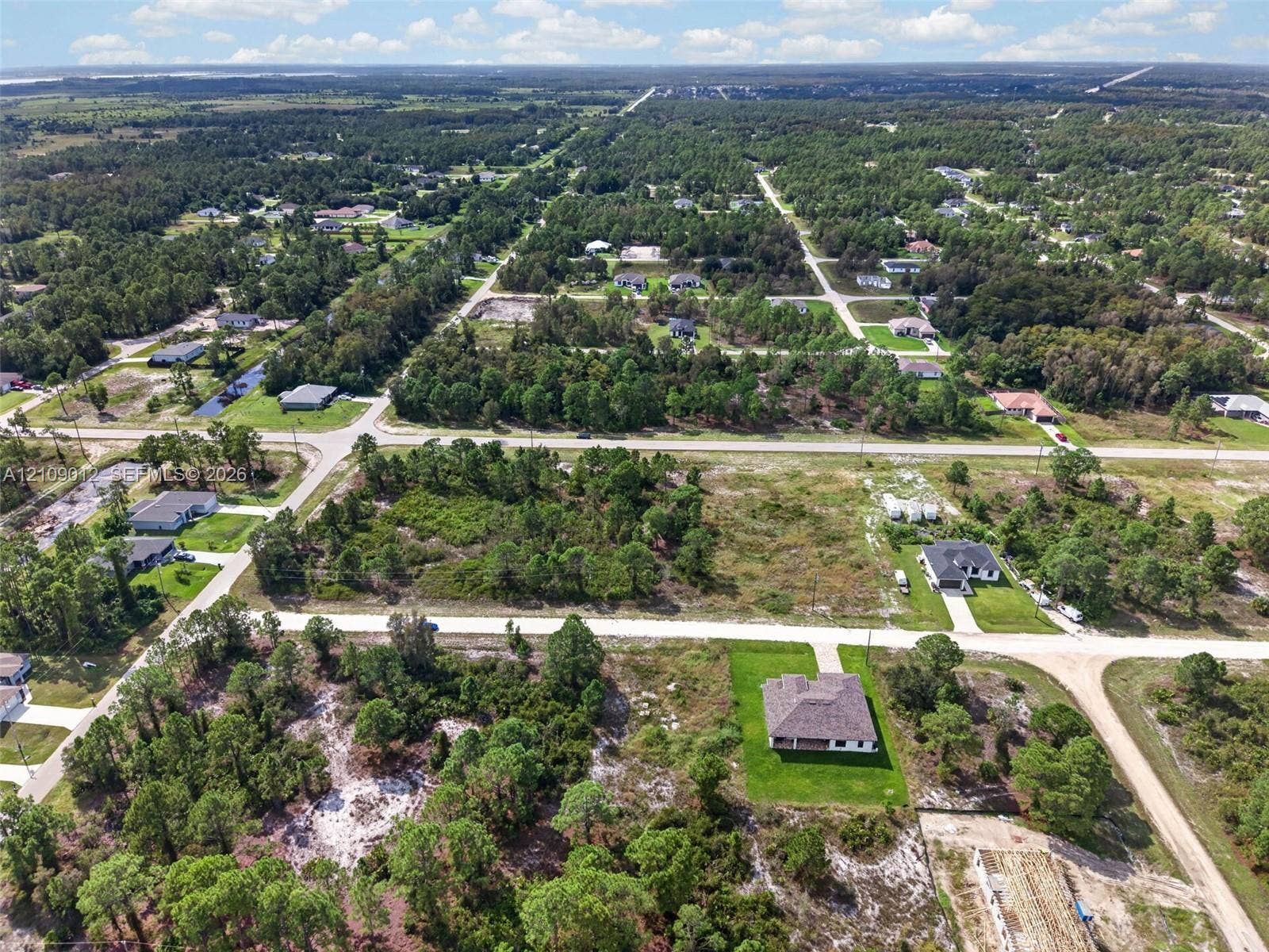 846 Burns Avenue S, Lehigh Acres, Lehigh Acres, FL 33974 Aerial perspective of a multi-acre parcel featuring native vegetation, established pine trees, and a concrete driveway leading to a single-story structure with a hipped roof