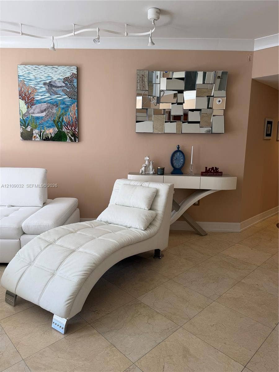 Tile flooring and multi-point ceiling track lighting