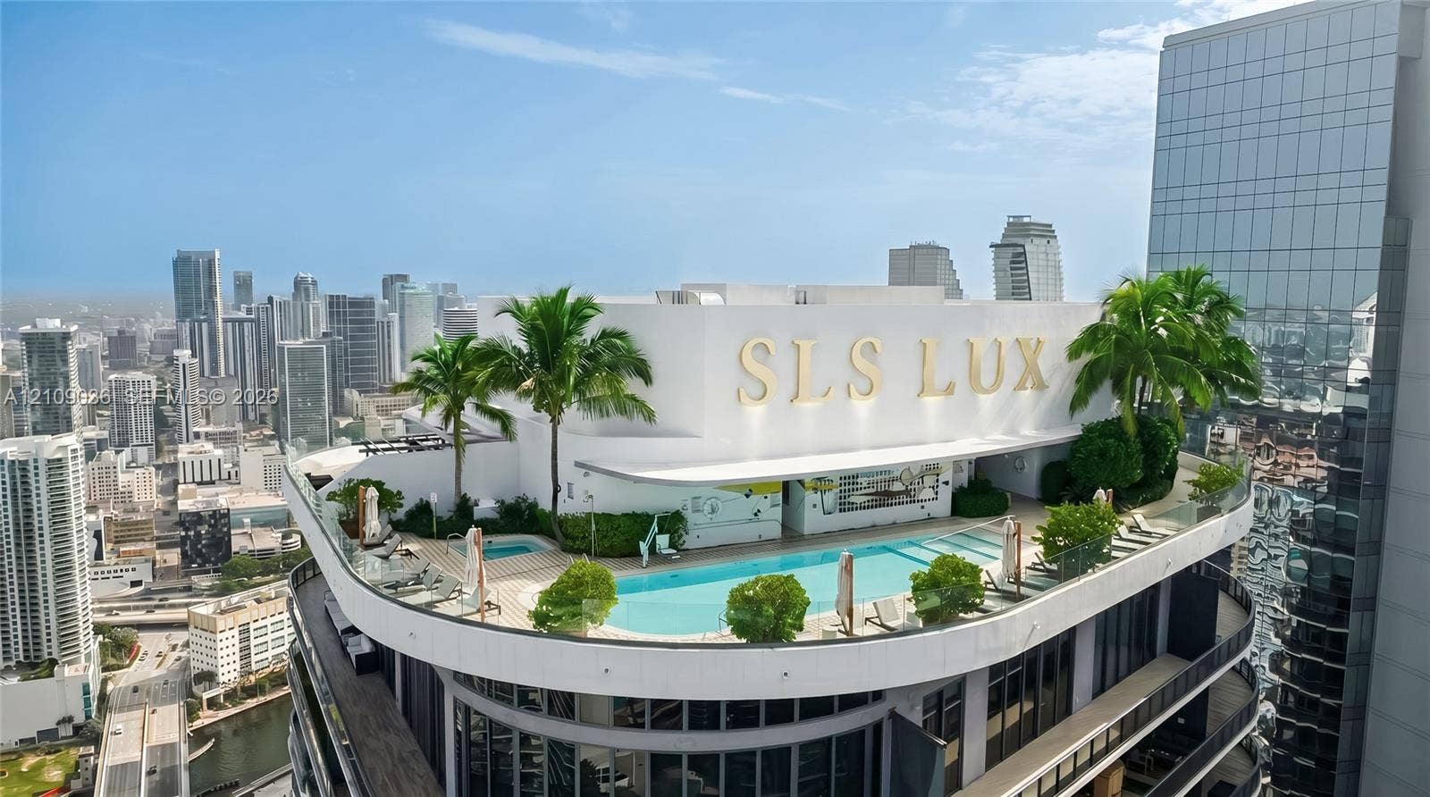 Rooftop swimming pool and spa featuring a concrete deck, manicured landscaping, and panoramic metropolitan backdrop