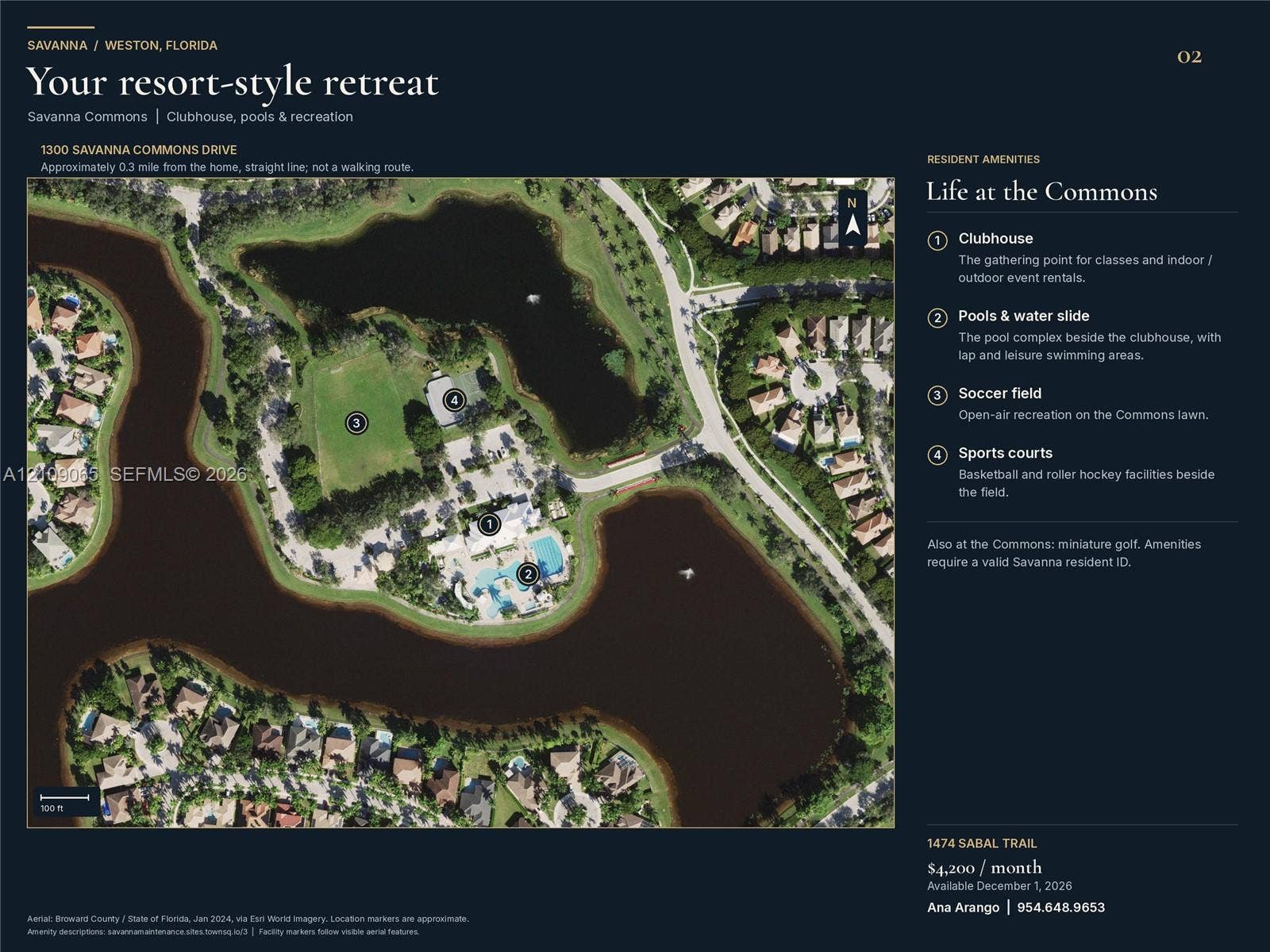 Property Marketing Brochure, Amenities Section. Providing a map and list of recreational facilities available to the property occupants