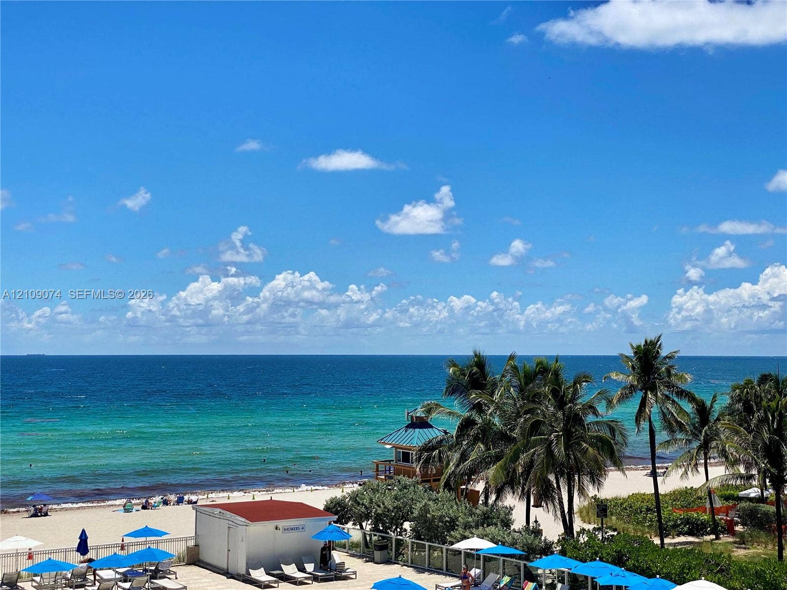 Direct oceanfront exposure featuring expansive sandy shoreline, turquoise waters, and established palm trees