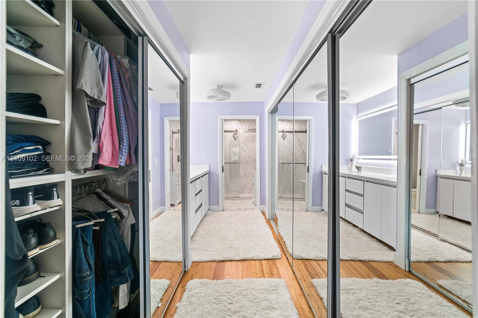 Walk-in closet featuring floor-to-ceiling custom shelving, dual-sided mirrored sliding doors, wood-finish flooring, and recessed ceiling lighting