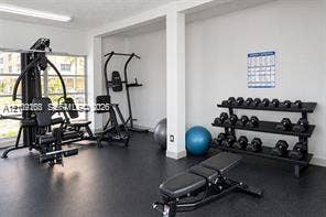 Fitness room featuring resilient rubberized flooring, large-format windows, and structural recessed wall niches