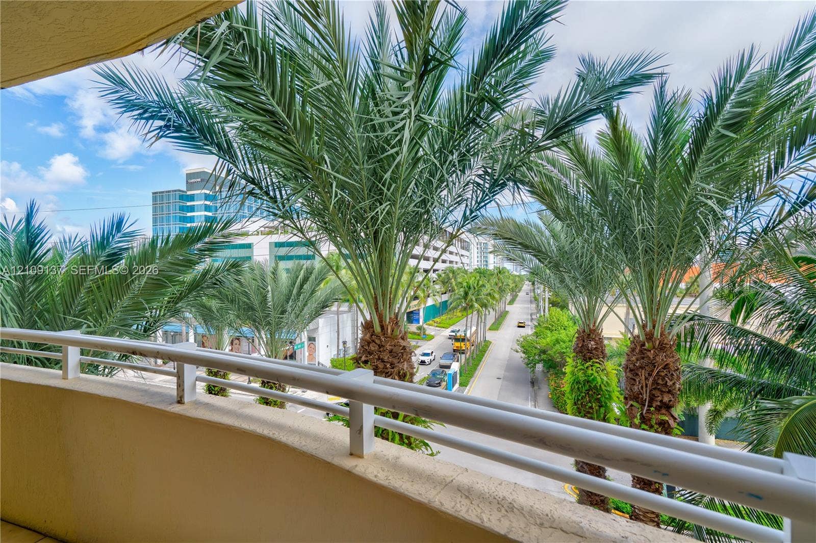 18800 NE 29th Avenue, #411, Aventura, FL 33180 Covered balcony with white metal railings and mature palm trees
