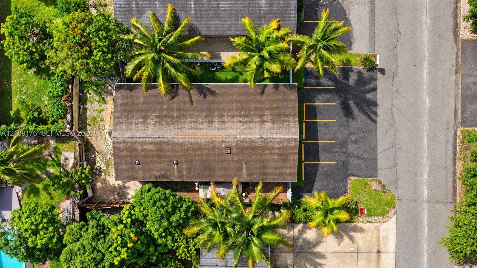 Aerial view of the property featuring a shingle roof, paved parking area with marked stalls, and established palm trees