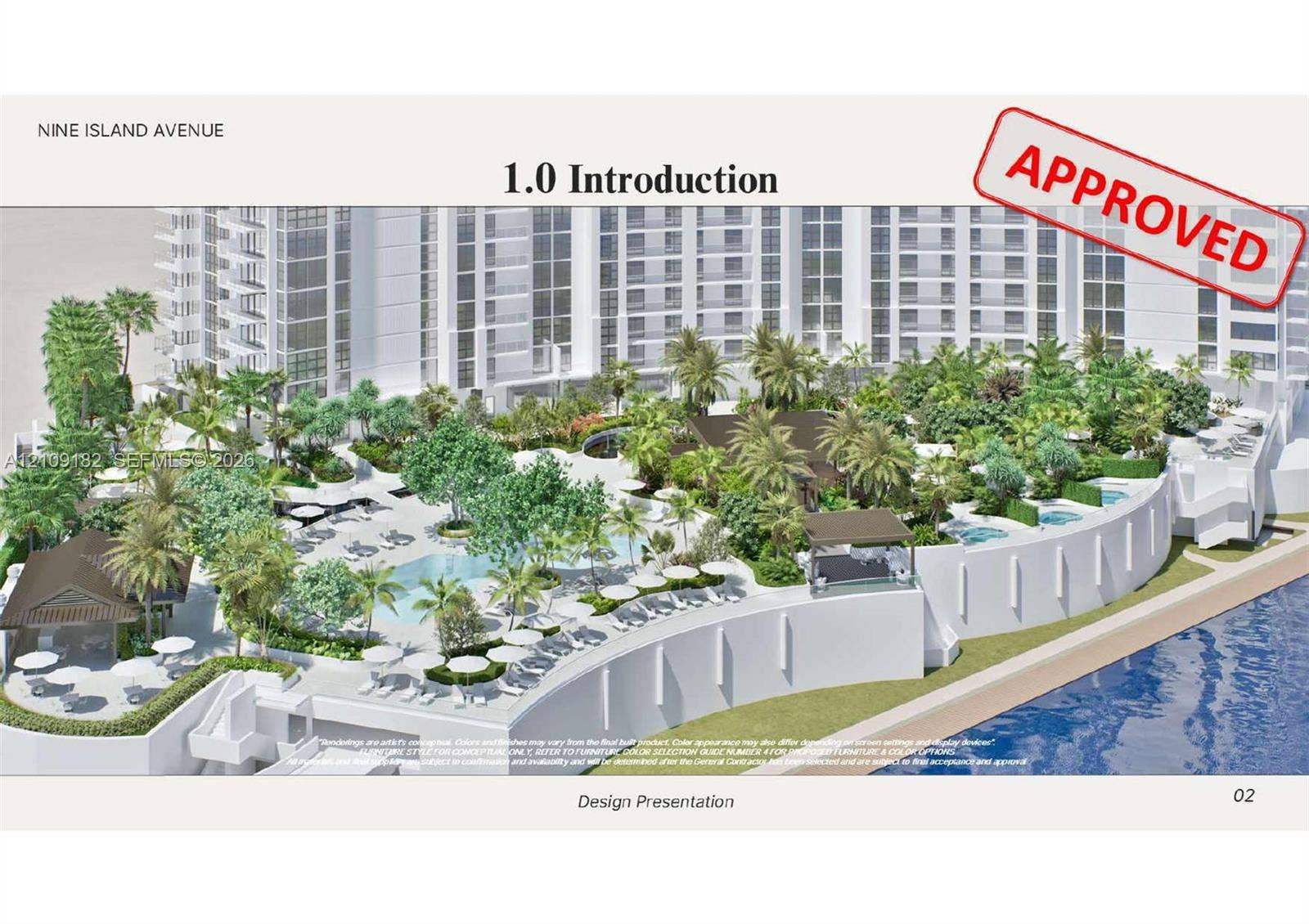 Waterfront pool deck featuring an expansive sun terrace, multiple water features, manicured landscaping with mature palms, and covered pavilion structures