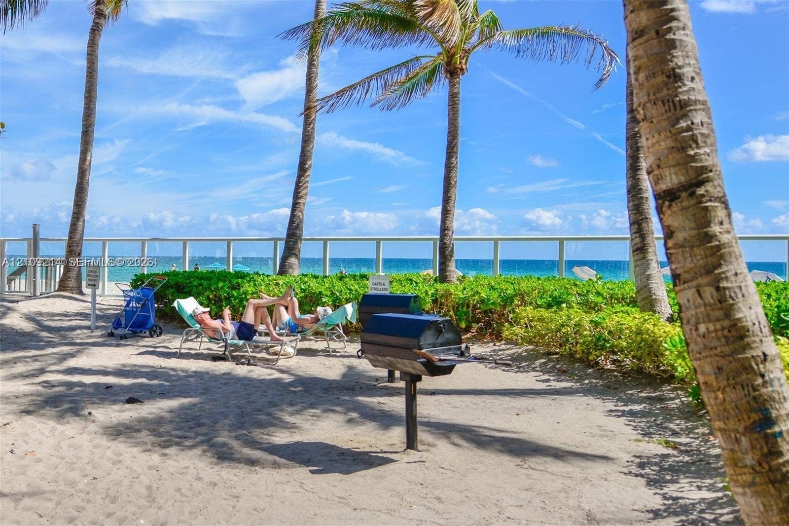 Outdoor recreation area featuring mature palm trees, sandy ground, built-in charcoal grills, and a white metal perimeter railing