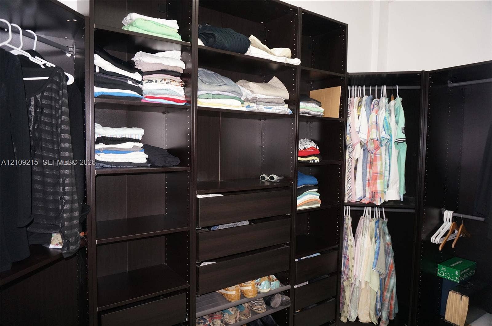 Built-in floor-to-ceiling storage system featuring a dark wood-finish, adjustable open shelving, multiple integrated drawers, and dual-level hanging rods
