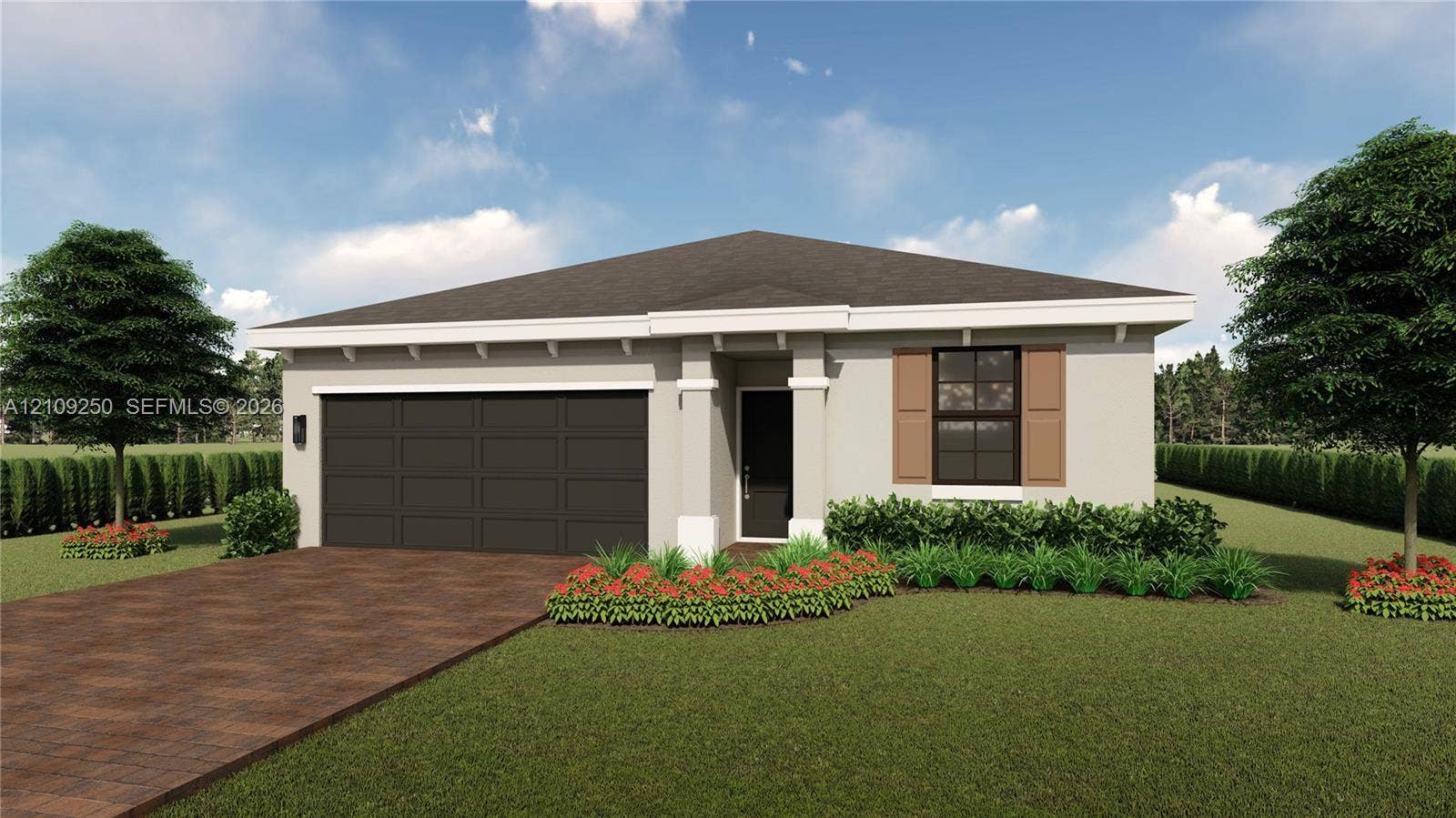34766 SW 189th Place, Homestead, FL 33034 Single-story exterior featuring a paver driveway, covered entryway with decorative columns, multi-pane window with louvered shutters, and a multi-car garage