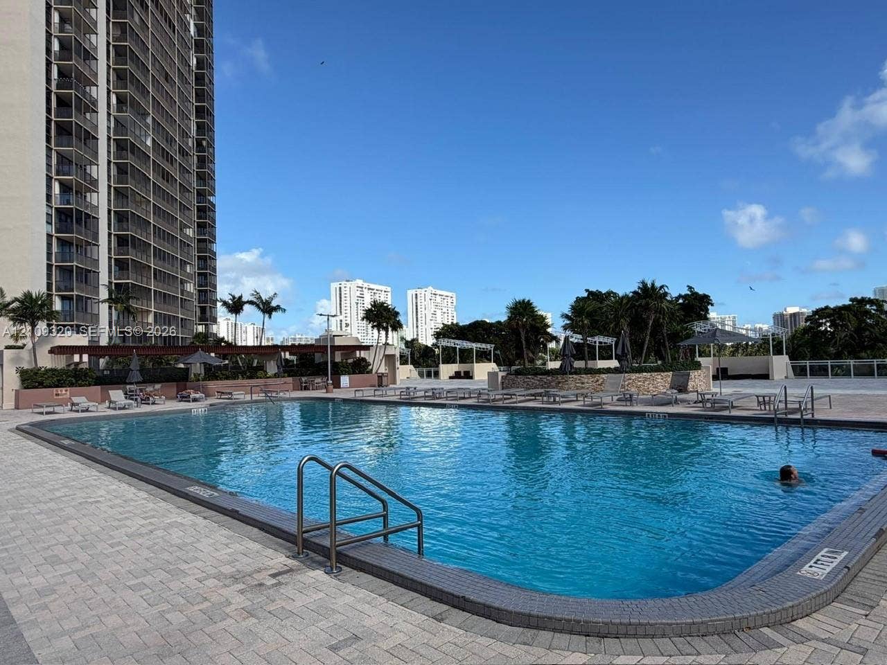 Outdoor swimming pool featuring a brick-paver deck, stone-accented retaining walls, and surrounding palm trees