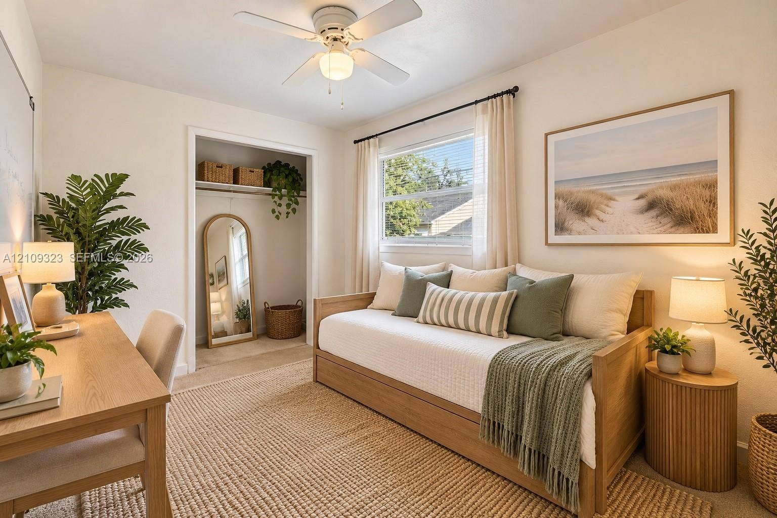 911 Shady Park Terrace, Daytona Beach, FL 32117 Neutral interior featuring wall-to-wall carpeting, an open-concept reach-in closet, a ceiling-mounted light fixture with integrated fan, and a double-pane window with a rod-mounted curtain assembly