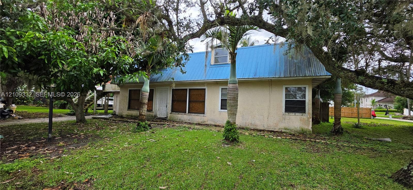 Stucco exterior featuring a vibrant blue metal roof, mature canopy trees, and established palm trees on a grassy lot