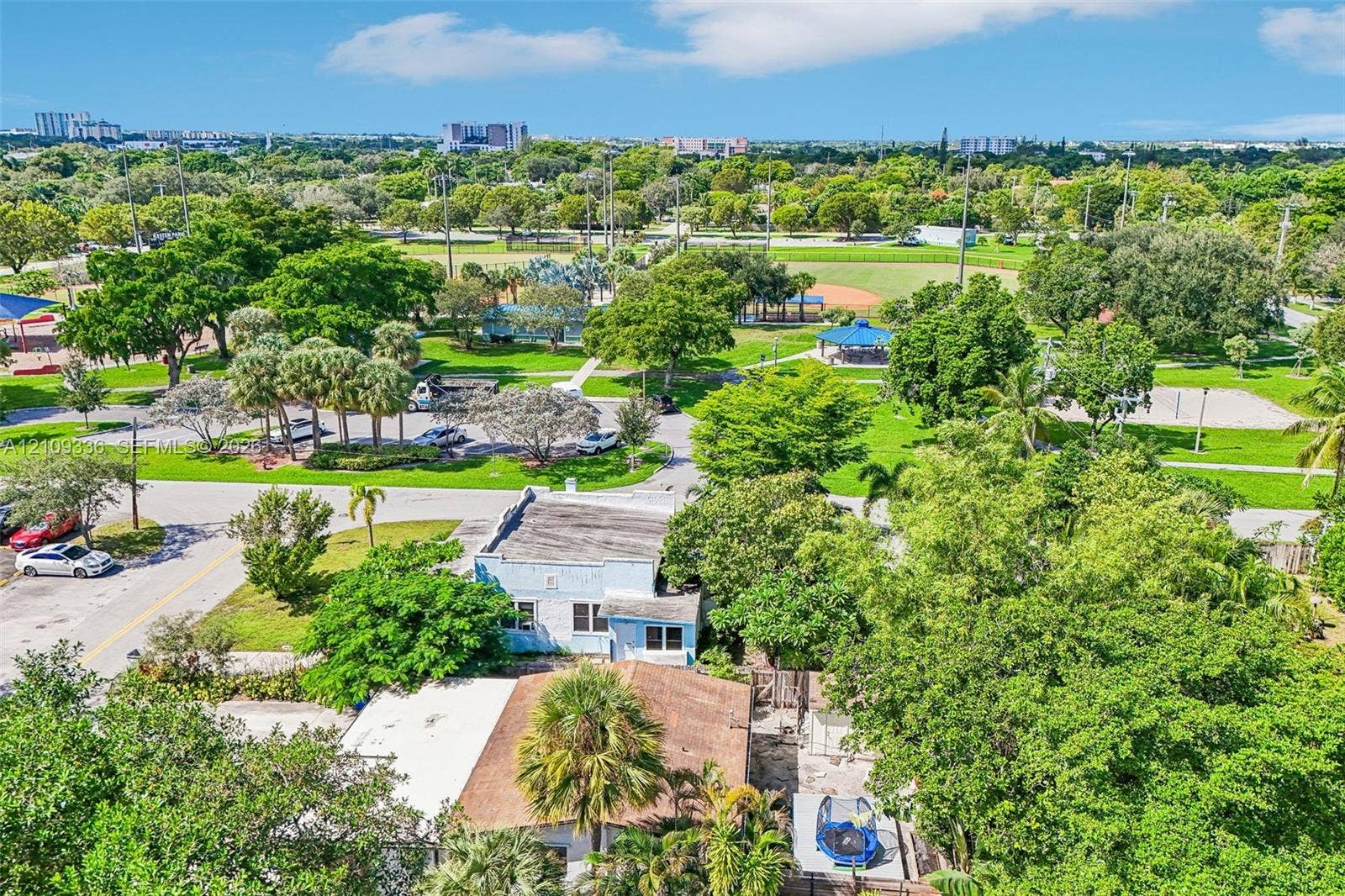 Aerial perspective of a detached residential structure featuring a shingled roof, exterior masonry, and mature trees situated near a public park