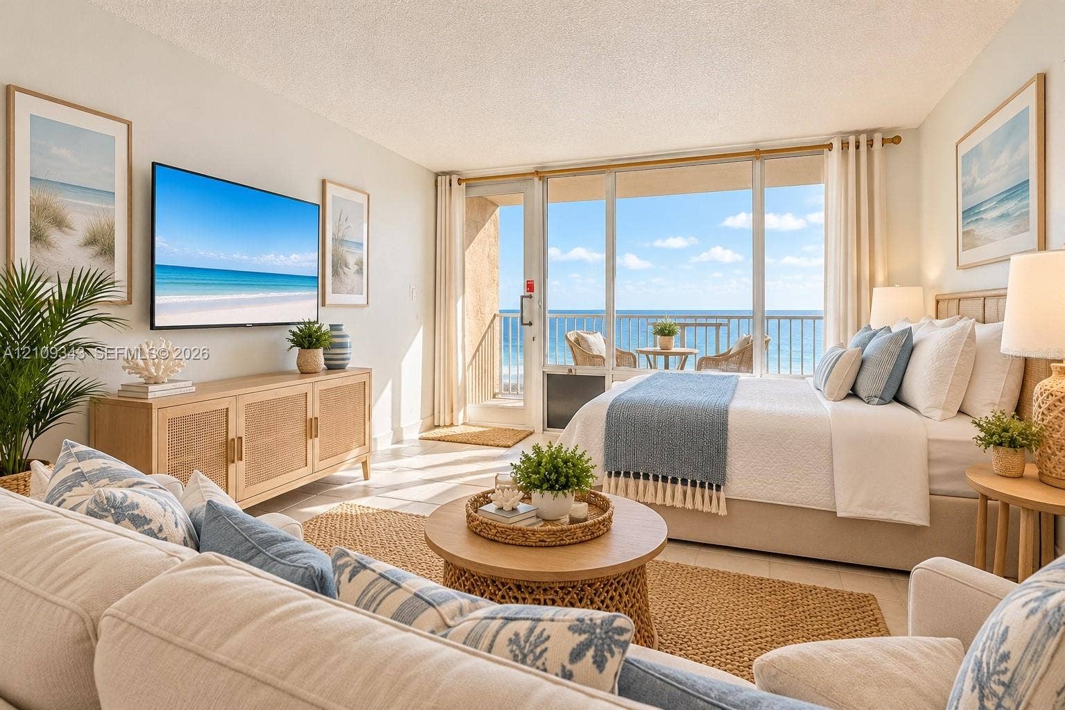 Full-height sliding glass doors with access to a private balcony, coastal backdrop, and light-toned tile flooring