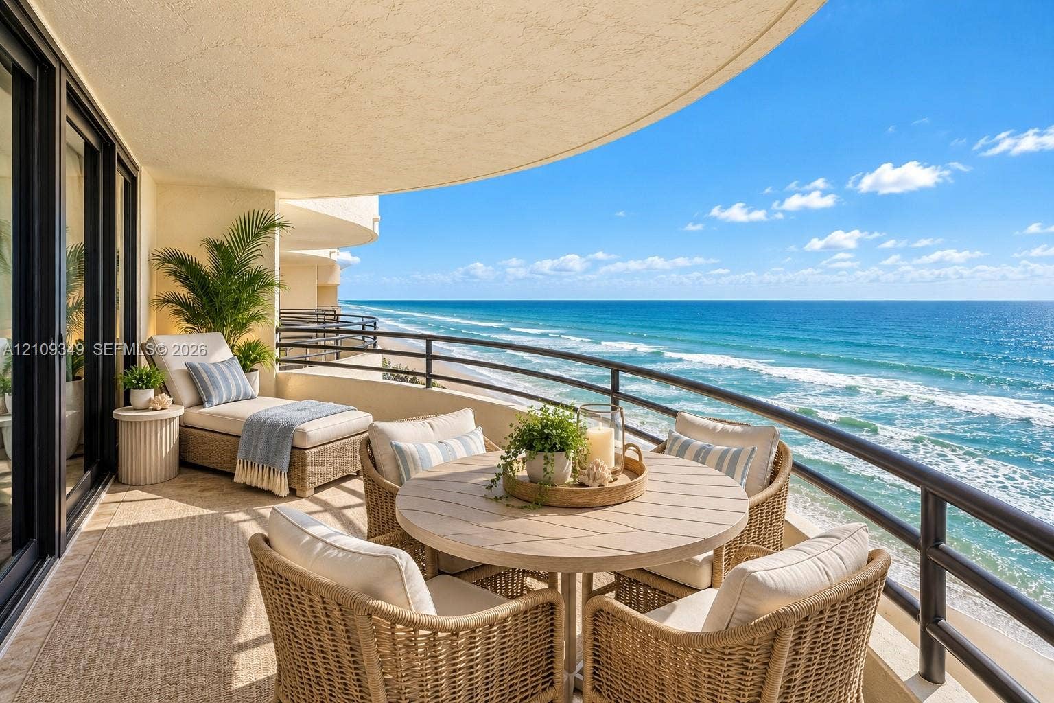 3115 S Atlantic Avenue, #G030, Daytona Beach, FL 32118 Covered balcony featuring a curved architectural design, metal railing, and direct oceanfront positioning