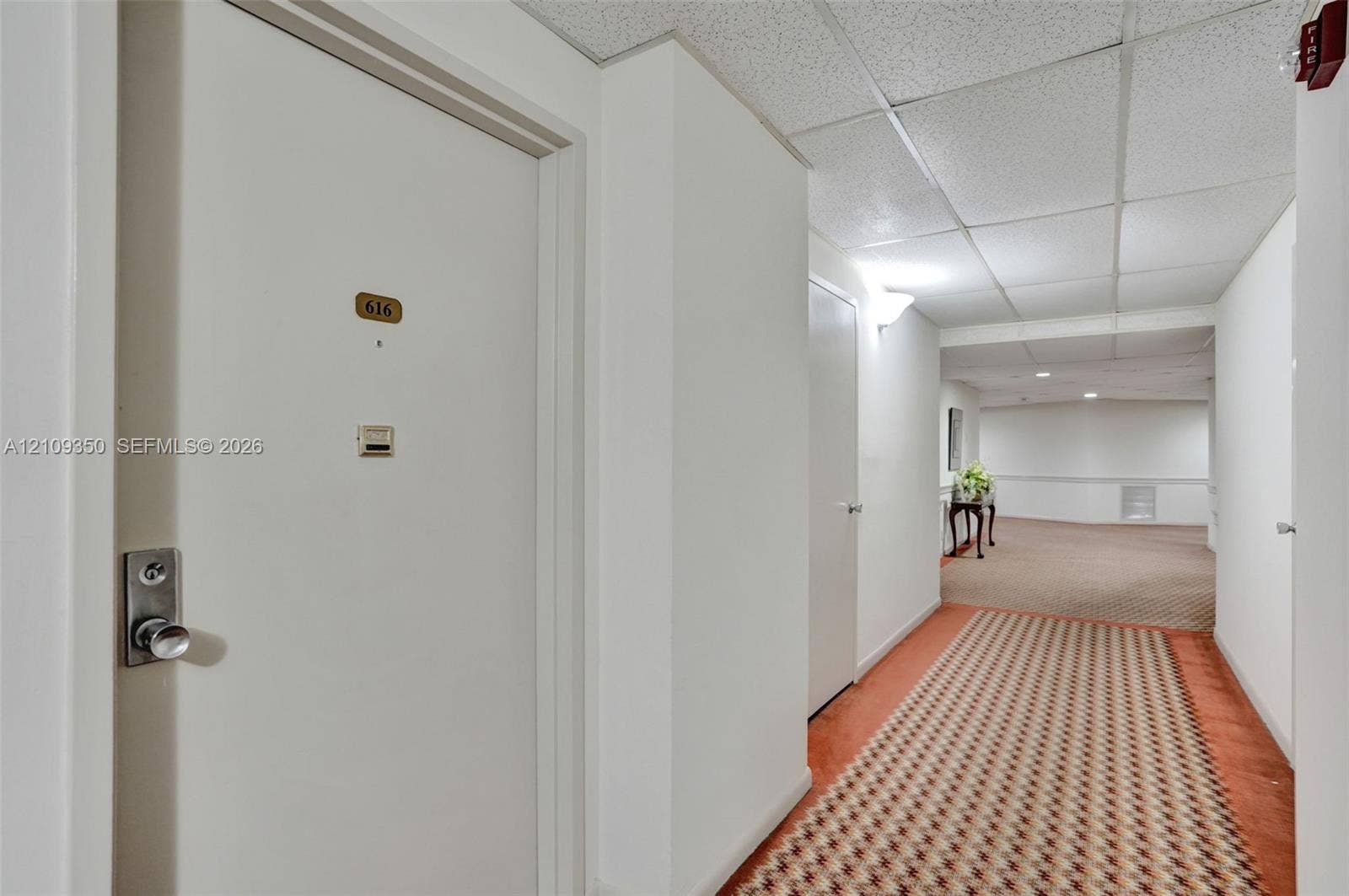10777 W Sample Road, #616, Coral Springs, FL 33065 Hallway featuring patterned wall-to-wall carpeting, white interior doors, and a drop ceiling with integrated lighting
