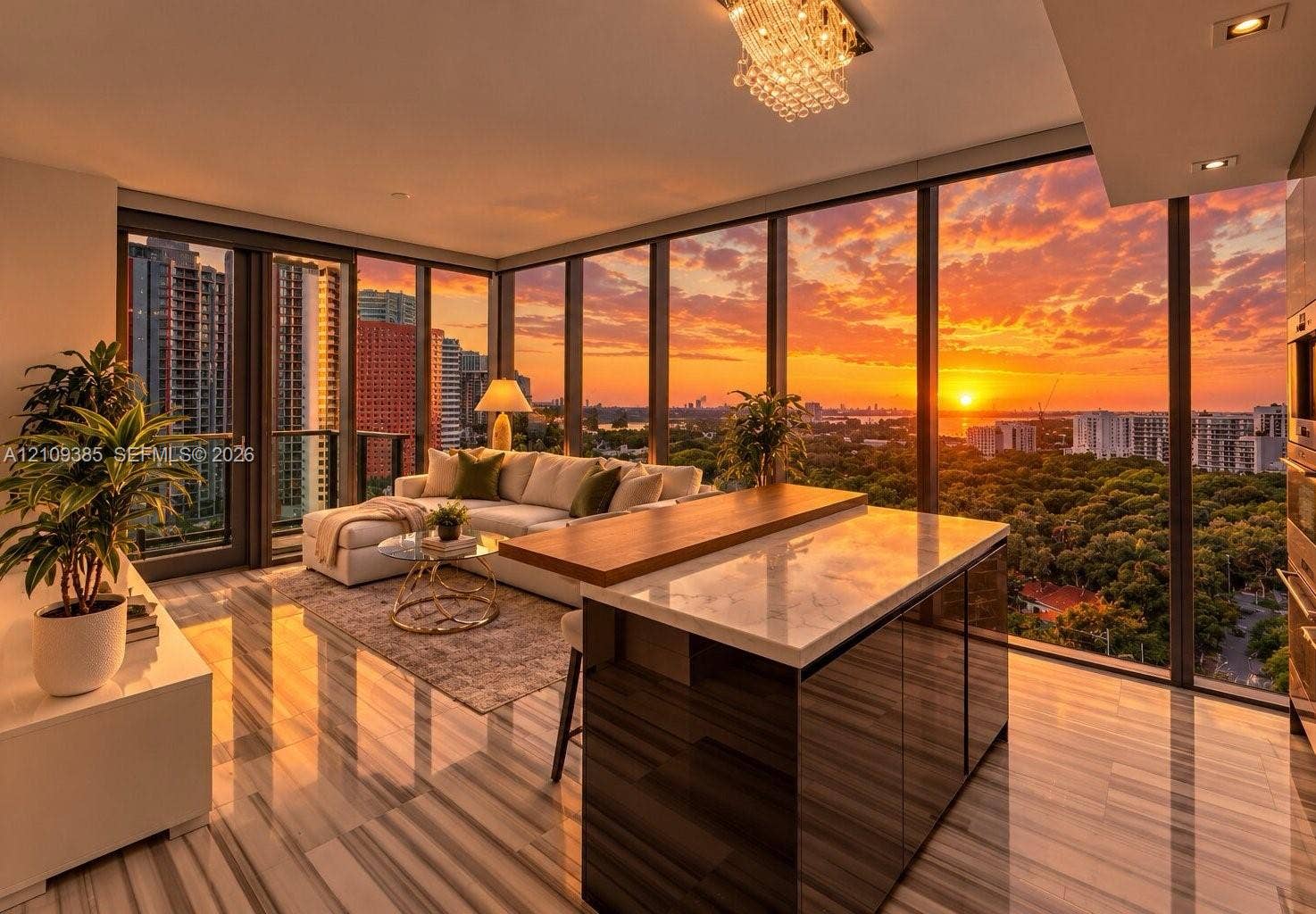 Floor-to-ceiling glass walls with sunset backdrop, kitchen island with stone-finish countertop and wood-finish cabinetry, linear stone-finish flooring, and recessed ceiling lighting
