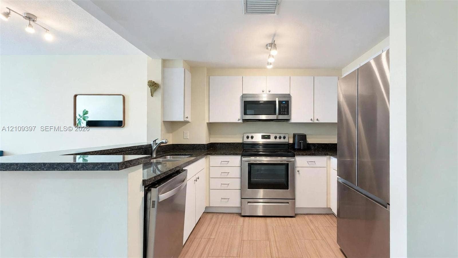 Kitchen featuring white cabinetry, dark stone-finish countertops, stainless steel appliances, and wood-finish flooring