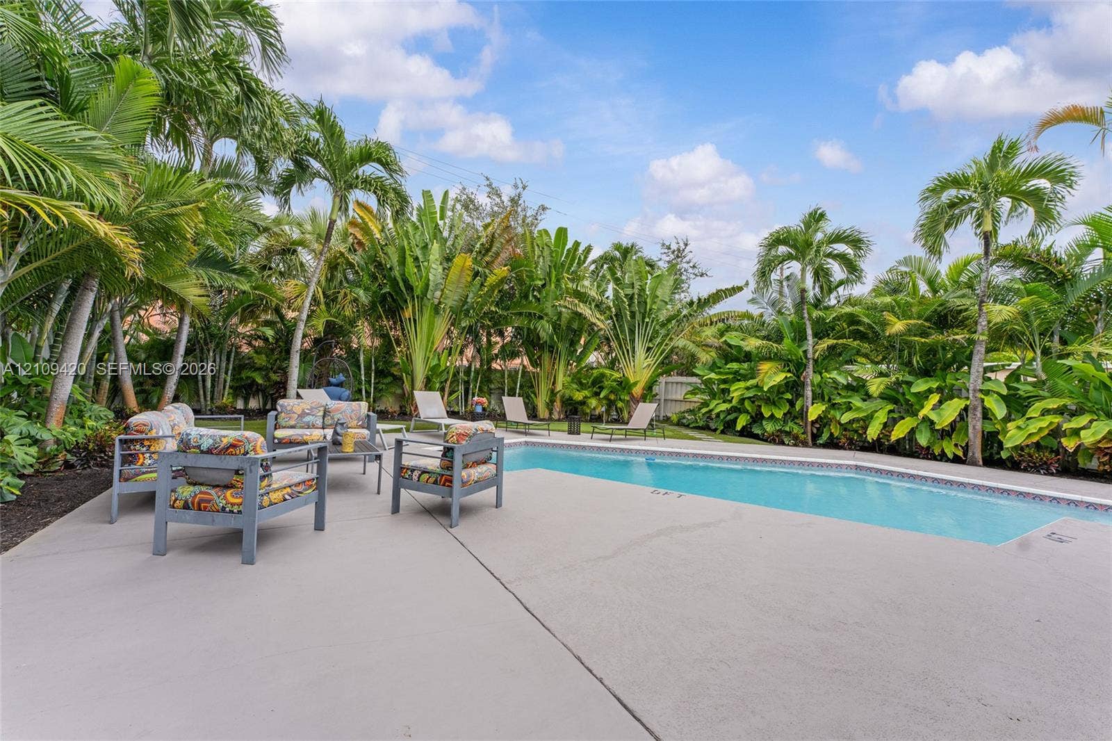 1955 Thomas Street, Hollywood, FL 33020 Backyard featuring a concrete pool deck, in-ground swimming pool, and dense tropical landscaping with mature palm trees