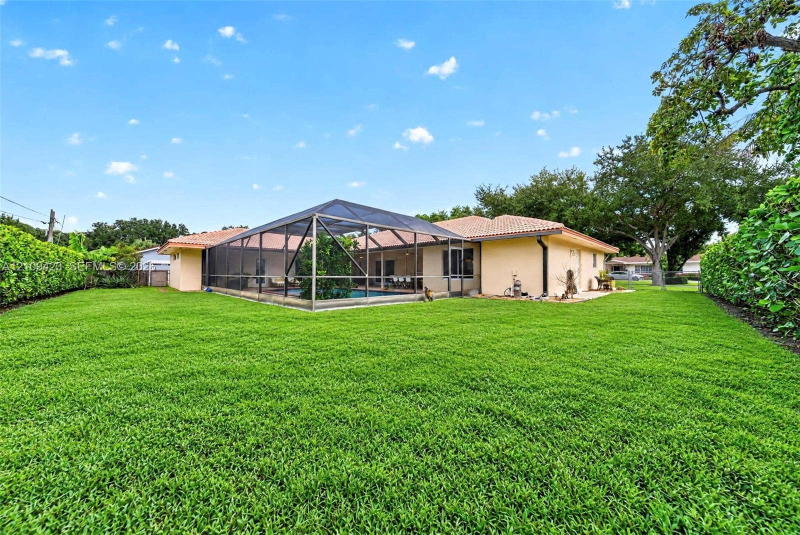Expansive backyard featuring a sprawling lawn, screen-enclosed pool, tile roof, and privacy hedging