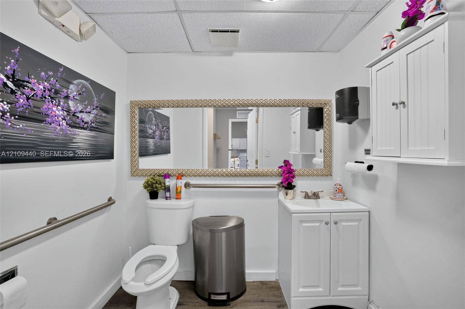 Restroom featuring a wall-mounted vanity with a dual-handle faucet, a full-width framed mirror, wood-finish flooring, and wall-mounted grab bars