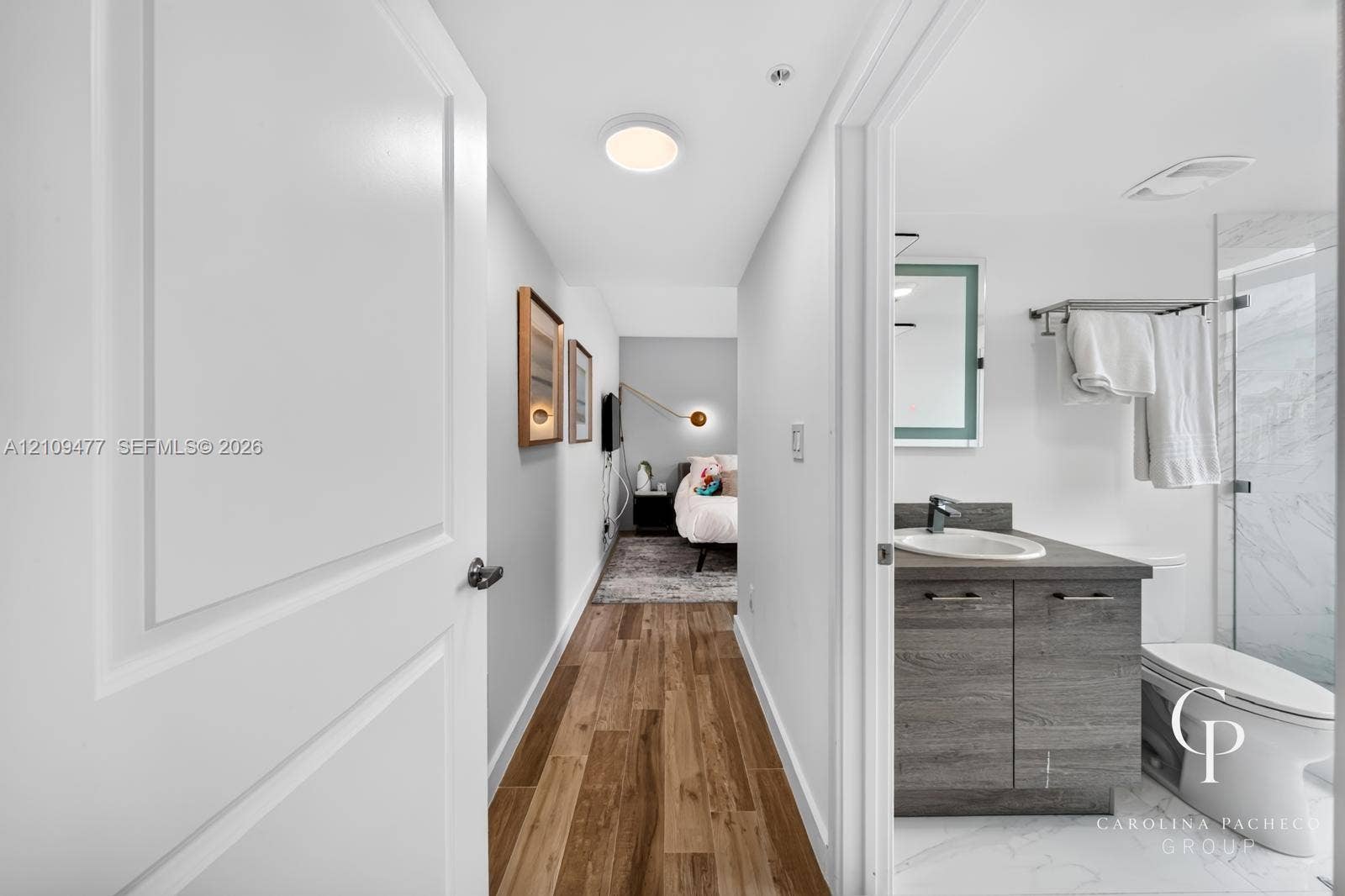 Wood-finish flooring throughout, bathroom featuring a vanity with dark-tone cabinetry, integrated sink, and an illuminated mirror, and a walk-in shower with a glass enclosure