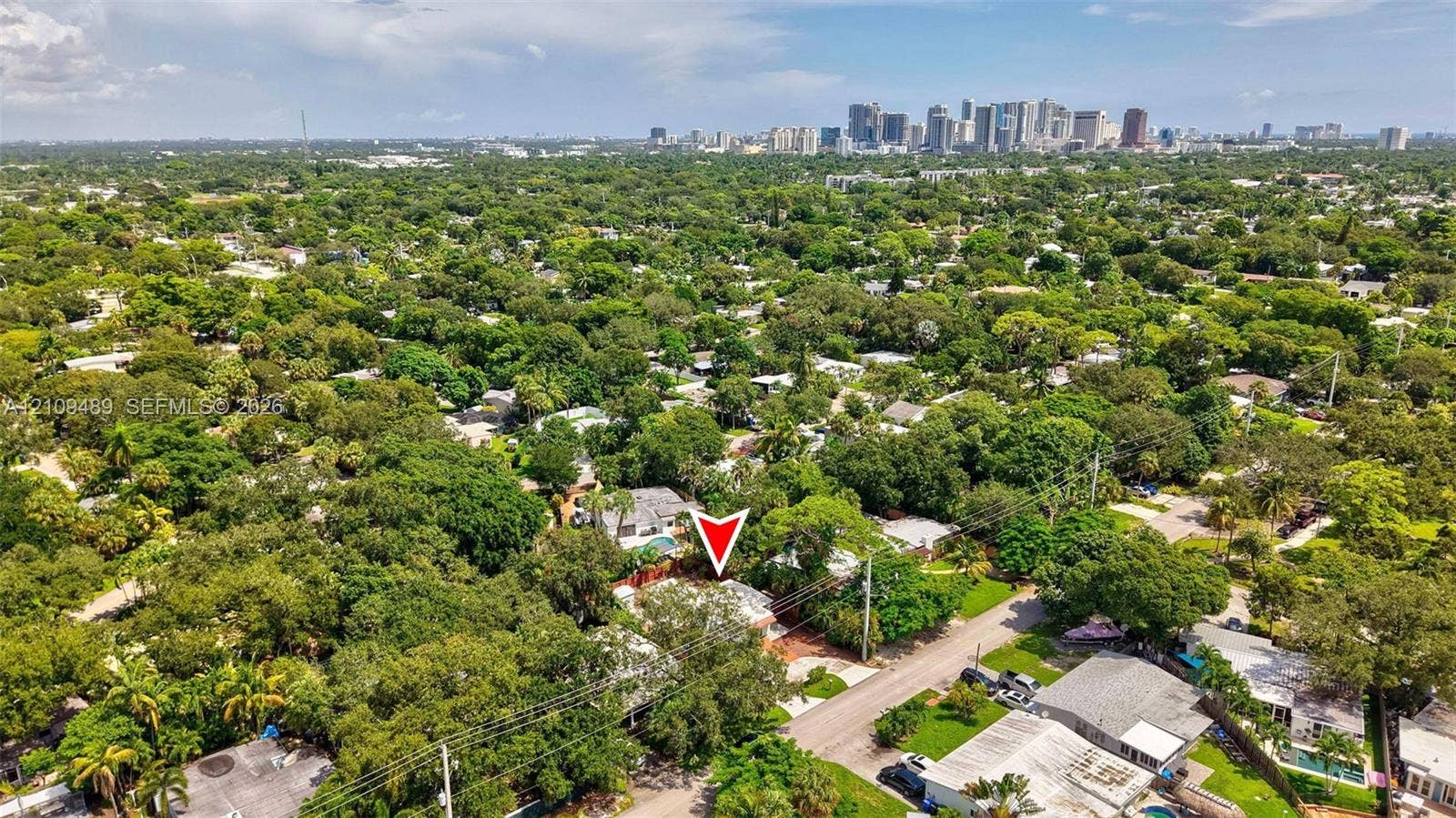 Fort Lauderdale, FL 33312 Aerial perspective featuring mature trees, a dense canopy, and an urban skyline backdrop