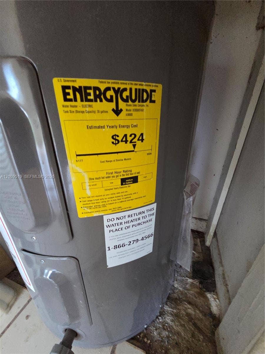 11081 NW 7th Street, #101-14, Miami, FL 33172 Electric water heater with a 36-gallon storage capacity