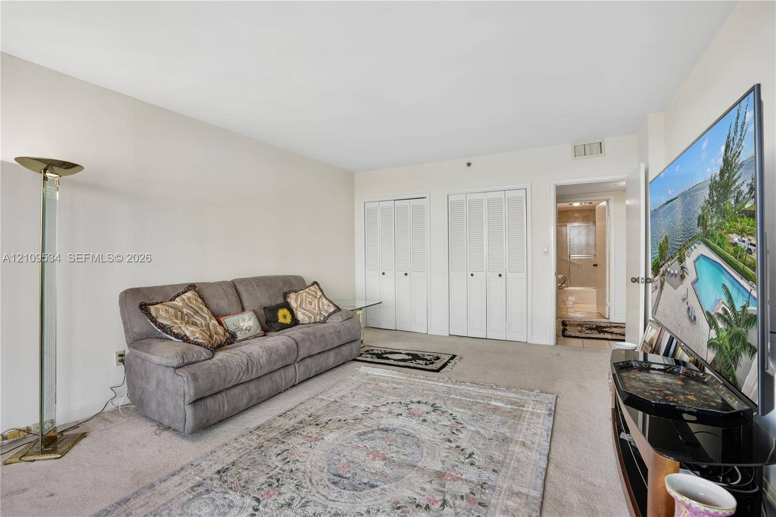 Living area featuring neutral wall finishes, carpeting, and dual bi-fold closet doors