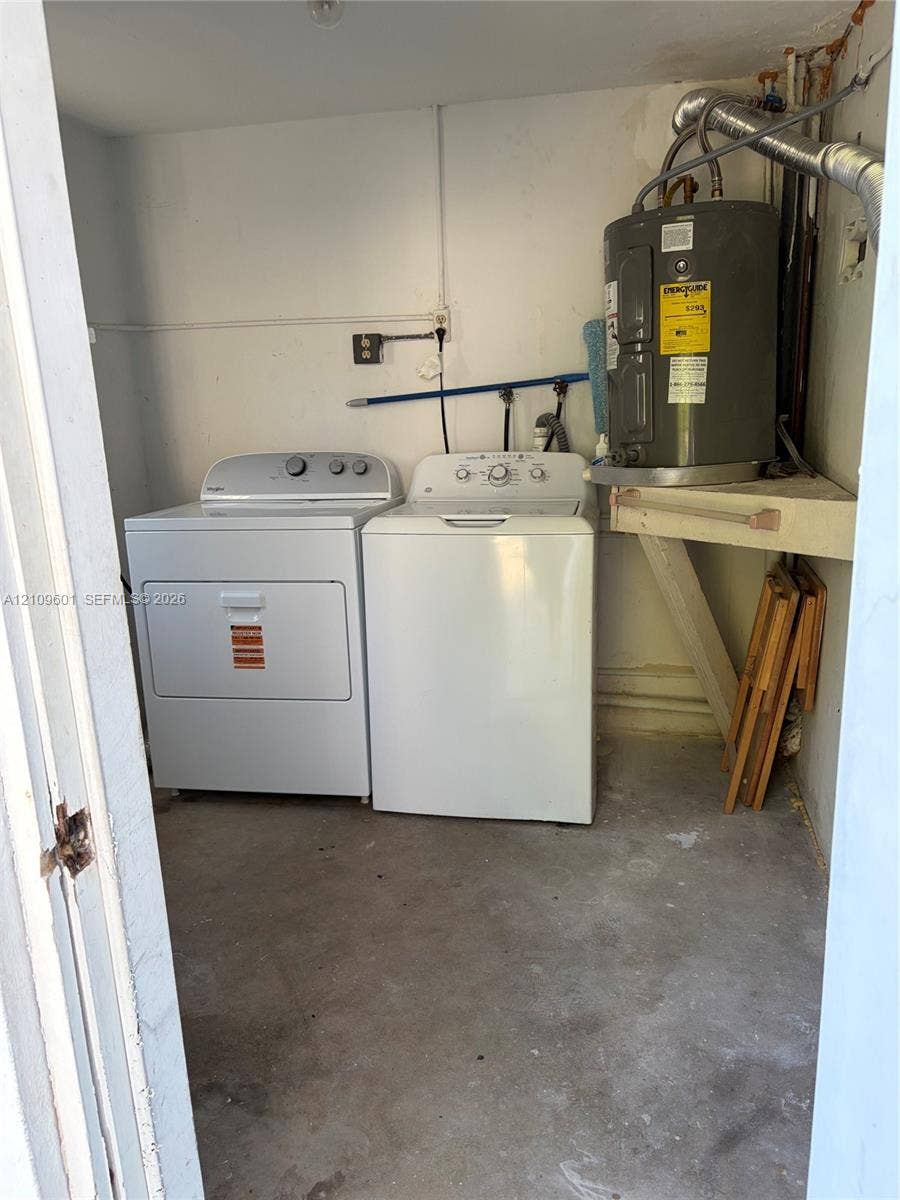 6320 Cleveland Street, Hollywood, Hollywood, FL 33024 Dedicated utility/laundry space featuring a concrete floor, built-in shelving, and an electric water heater & a Full Sized Washer & Dryer.