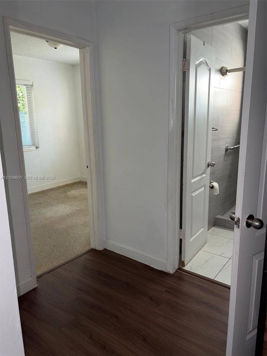 6320 Cleveland Street, Hollywood, Hollywood, FL 33024 Interior hallway featuring wood-finish flooring, two-panel interior doors, and a bathroom with large-format wall tile and stone-finish floor tile