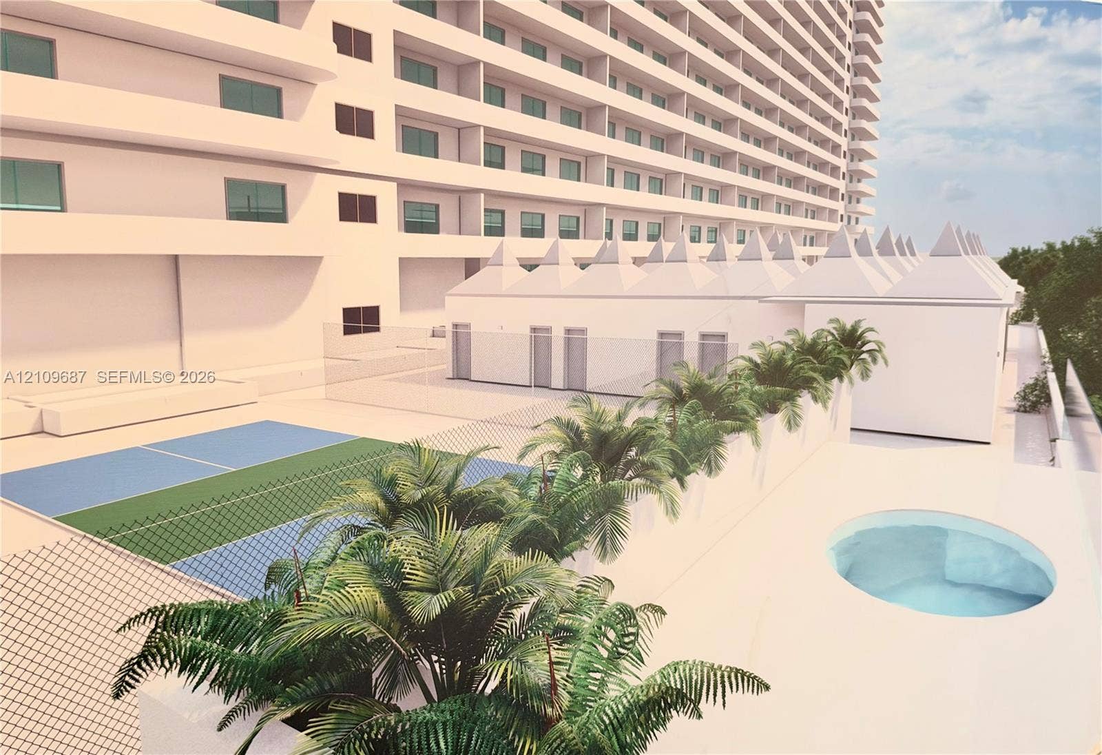 5555 Collins Avenue, #5C, Miami Beach, FL 33140 Recreational deck featuring a tennis court, circular pool, and manicured palm landscaping