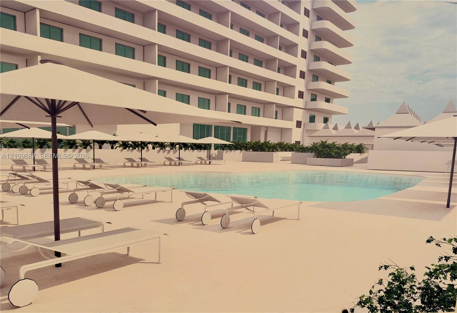 5555 Collins Avenue, #5C, Miami Beach, FL 33140 Outdoor swimming pool featuring a concrete terrace, built-in planters, and a multi-story exterior facade with cantilevered balconies